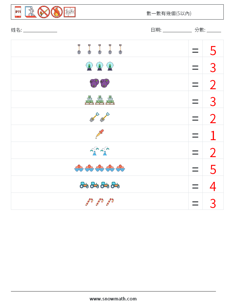 數一數有幾個(5以內) 數學練習題 17 問題,解答
