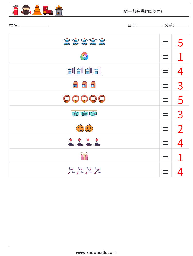 數一數有幾個(5以內) 數學練習題 1 問題,解答