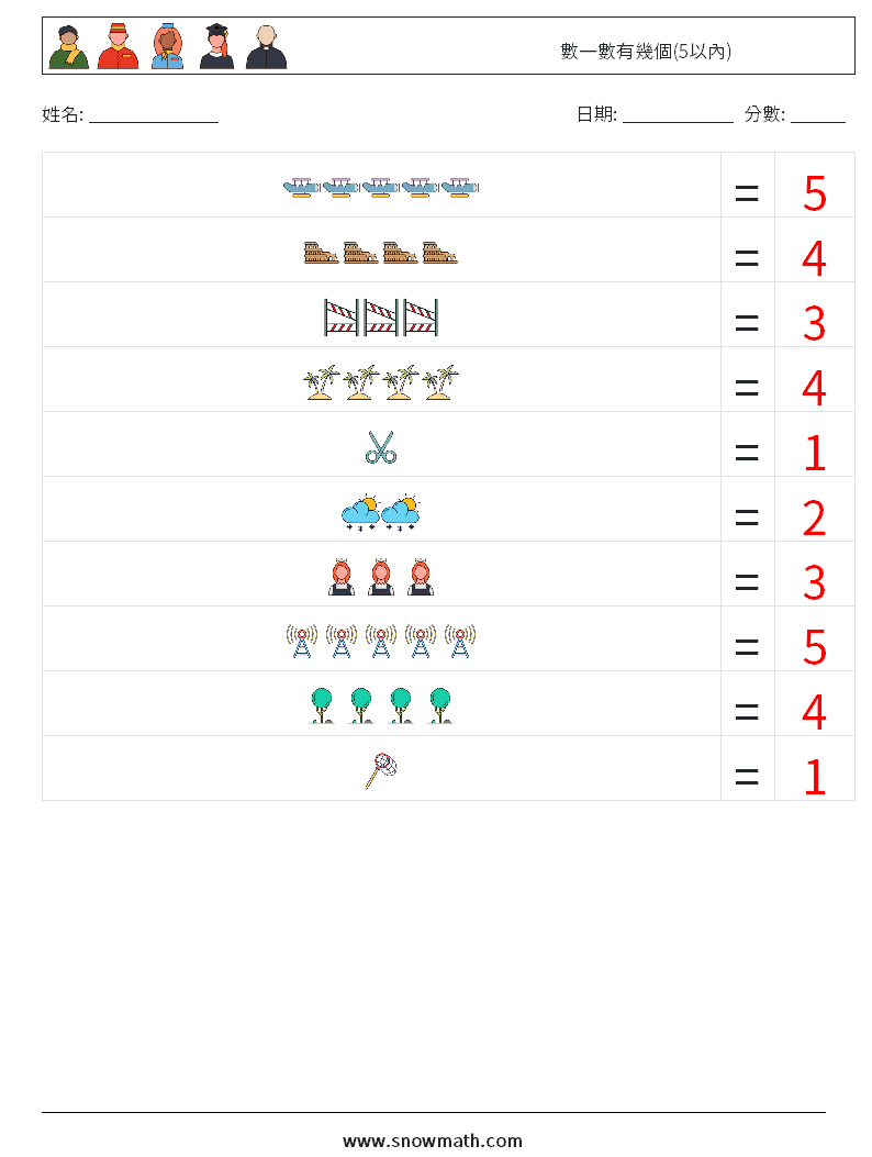 數一數有幾個(5以內) 數學練習題 4 問題,解答