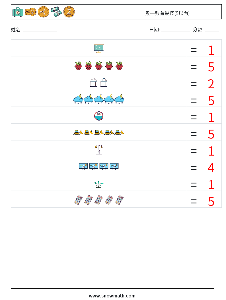 數一數有幾個(5以內) 數學練習題 5 問題,解答
