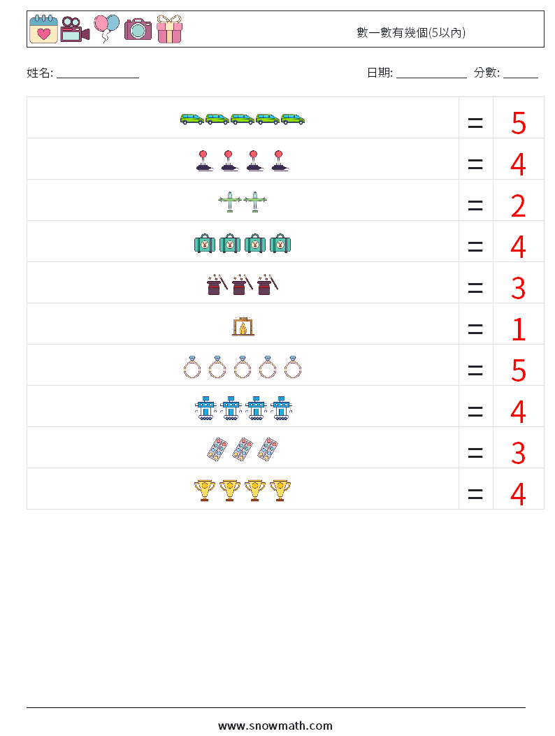 數一數有幾個(5以內) 數學練習題 6 問題,解答