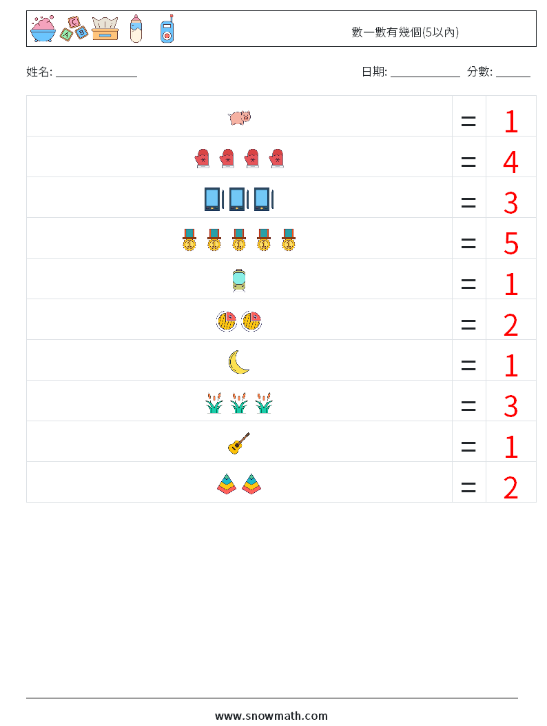數一數有幾個(5以內) 數學練習題 8 問題,解答
