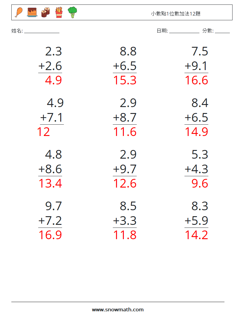 小數點1位數加法12題 數學練習題 15 問題,解答