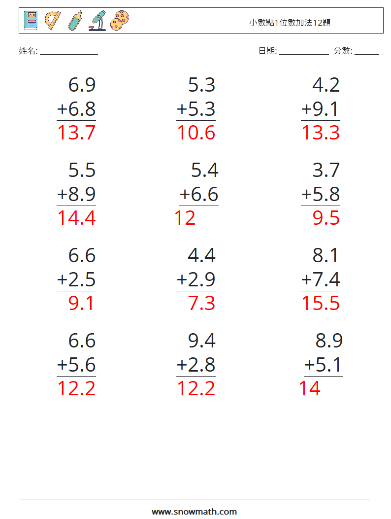 小數點1位數加法12題 數學練習題 17 問題,解答