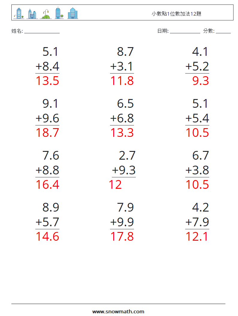 小數點1位數加法12題 數學練習題 1 問題,解答