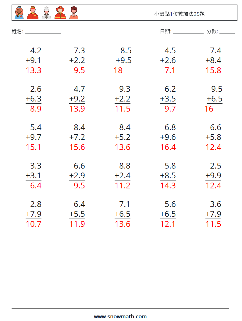小數點1位數加法25題 數學練習題 1 問題,解答