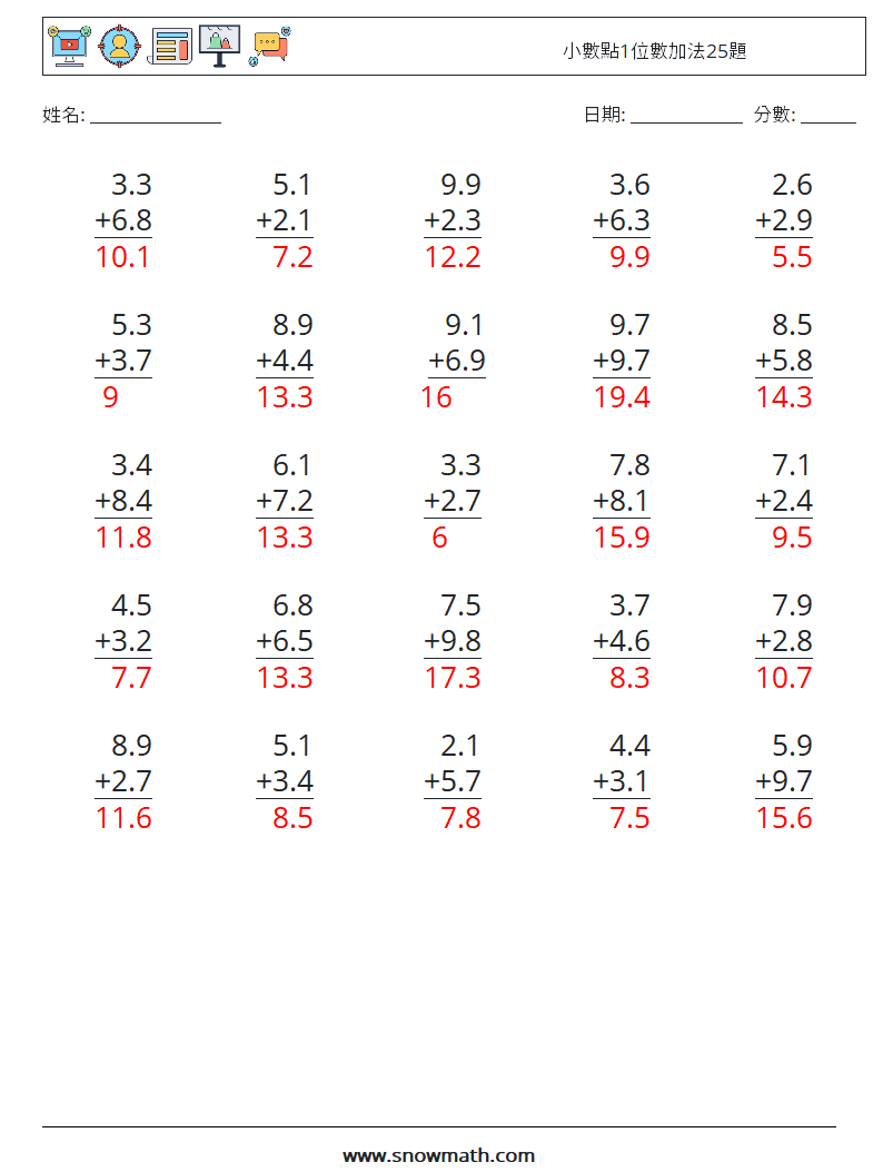 小數點1位數加法25題 數學練習題 6 問題,解答