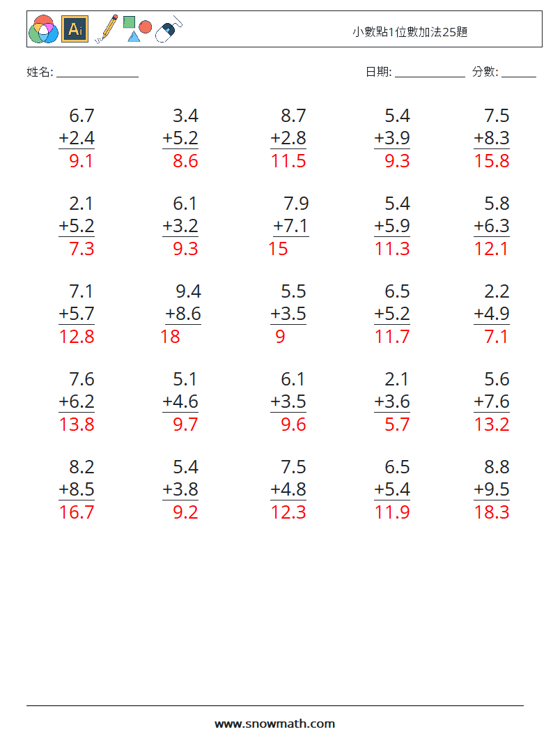小數點1位數加法25題 數學練習題 8 問題,解答