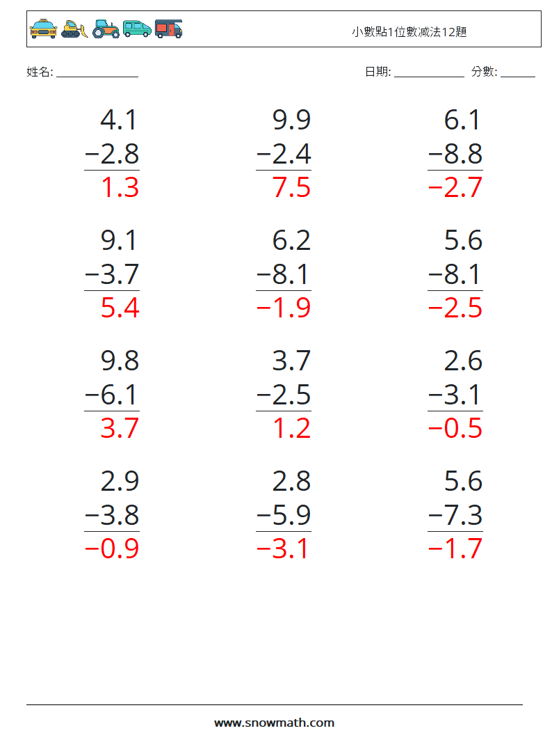 小數點1位數减法12題 數學練習題 3 問題,解答