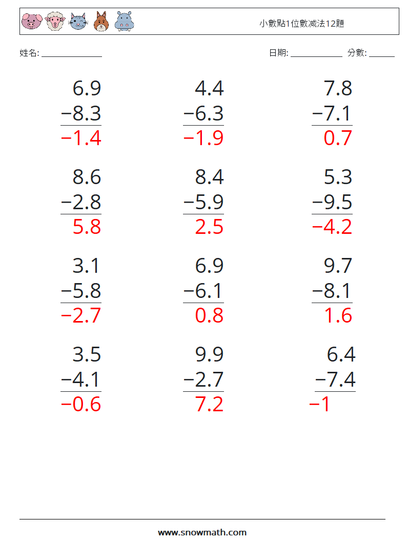 小數點1位數减法12題 數學練習題 7 問題,解答