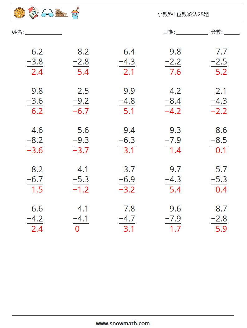 小數點1位數减法25題 數學練習題 4 問題,解答