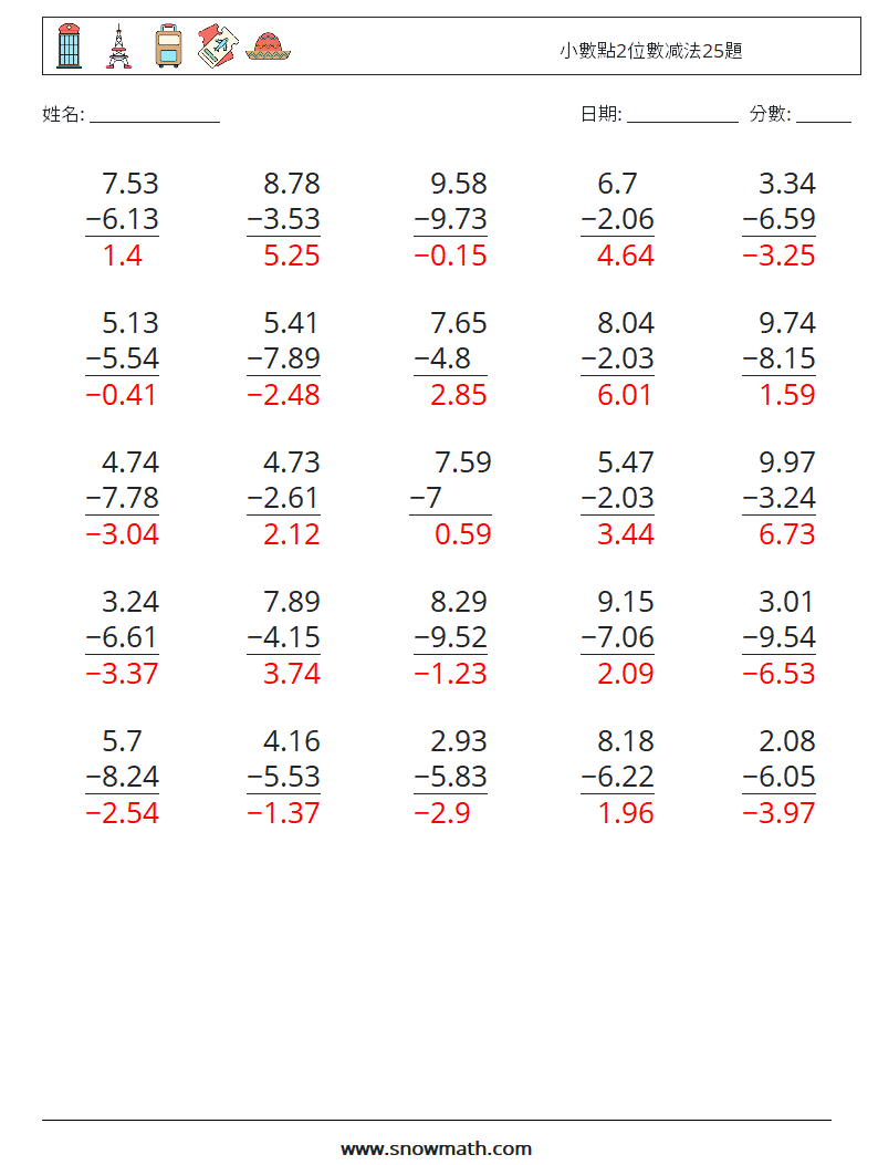 小數點2位數减法25題 數學練習題 10 問題,解答