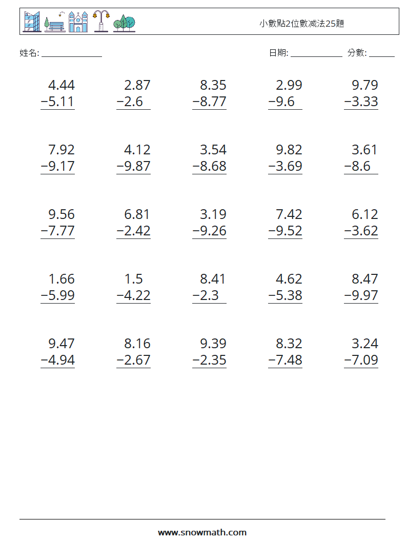 小數點2位數减法25題 數學練習題 16