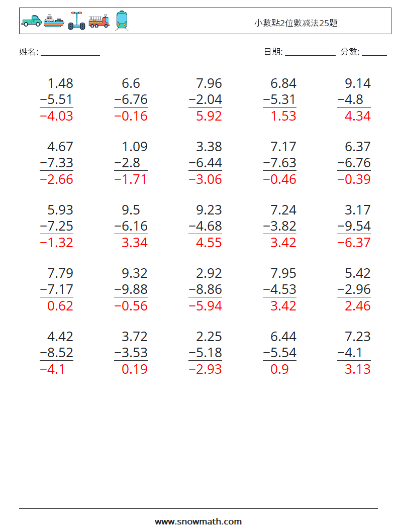 小數點2位數减法25題 數學練習題 7 問題,解答