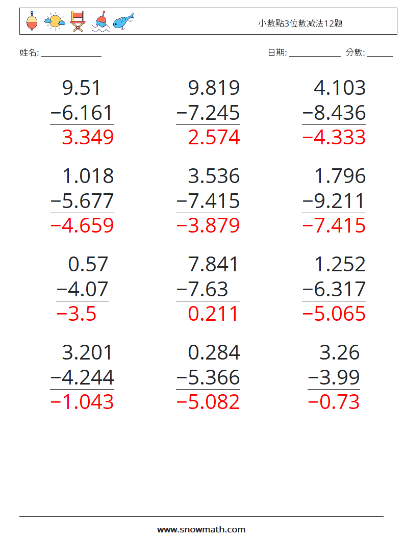 小數點3位數减法12題 數學練習題 14 問題,解答