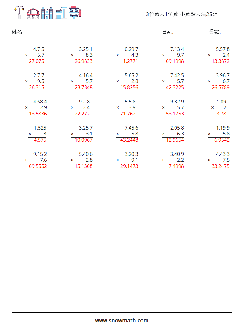 3位數乘1位數-小數點乘法25題 數學練習題 15 問題,解答