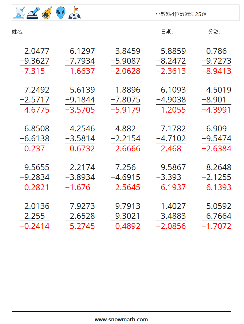 小數點4位數减法25題 數學練習題 15 問題,解答