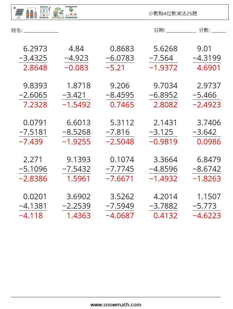 小數點4位數减法25題 數學練習題 1 問題,解答