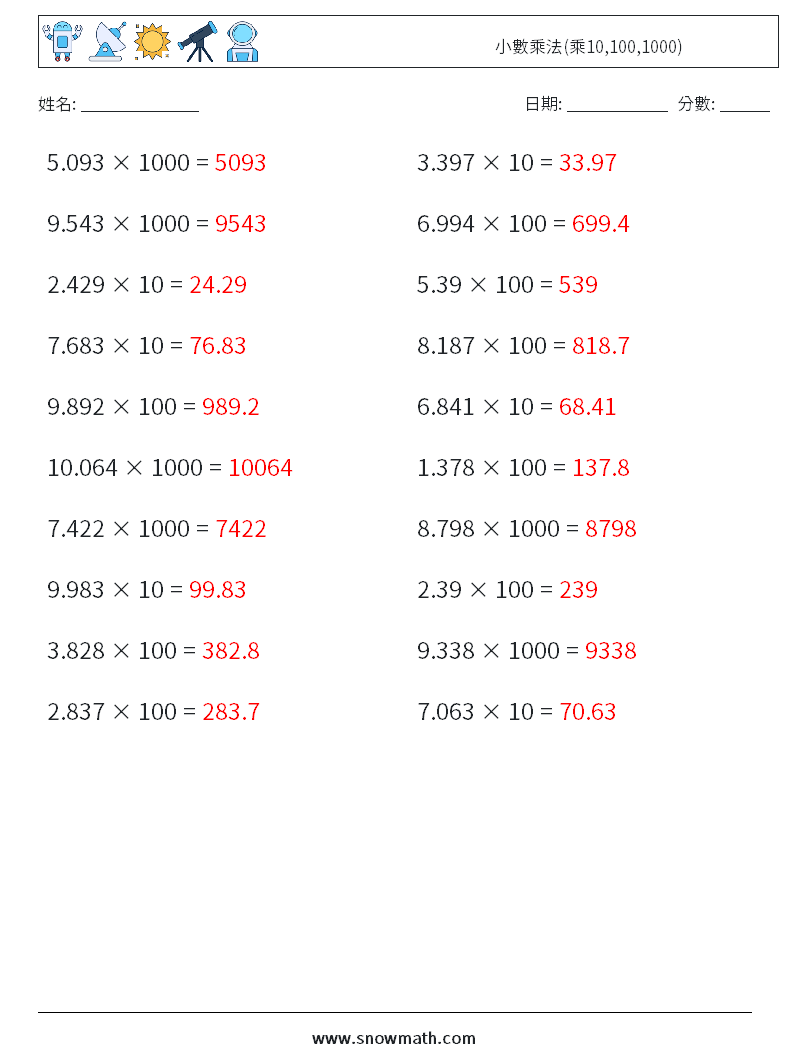 小數乘法(乘10,100,1000) 數學練習題 14 問題,解答