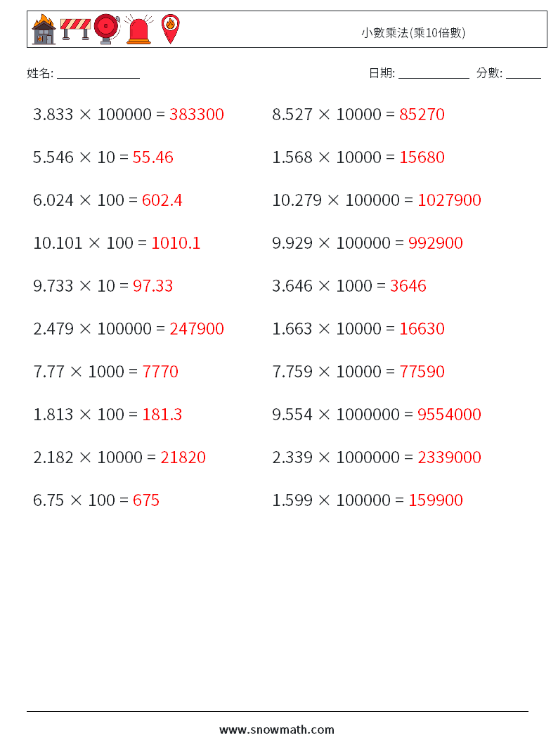 小數乘法(乘10倍數) 數學練習題 1 問題,解答