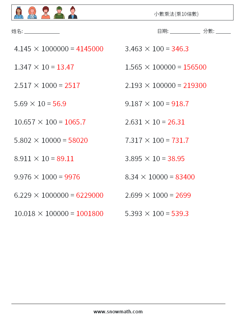 小數乘法(乘10倍數) 數學練習題 2 問題,解答