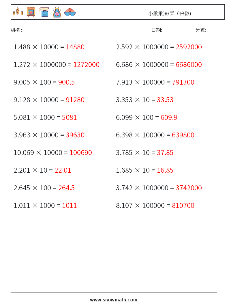 小數乘法(乘10倍數) 數學練習題 4 問題,解答
