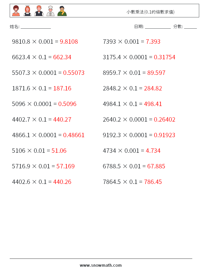 小數乘法(0.1的倍數求值) 數學練習題 12 問題,解答