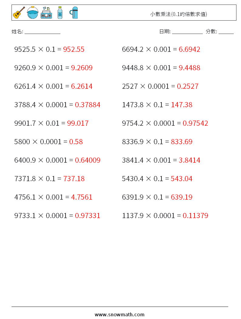 小數乘法(0.1的倍數求值) 數學練習題 1 問題,解答