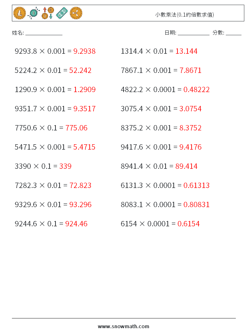 小數乘法(0.1的倍數求值) 數學練習題 3 問題,解答