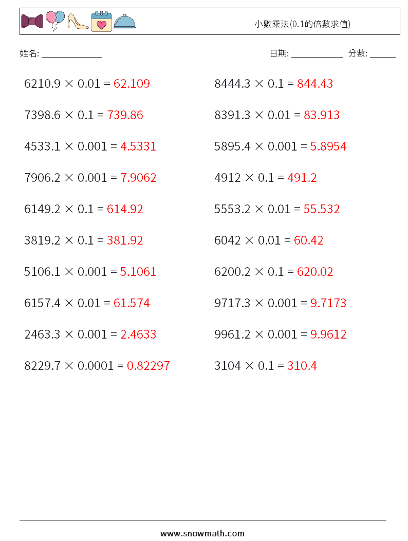小數乘法(0.1的倍數求值) 數學練習題 4 問題,解答