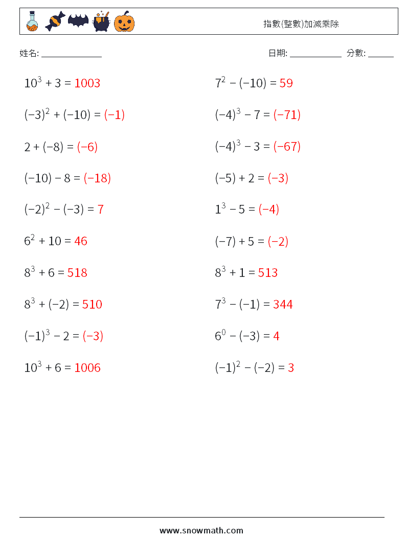 指數(整數)加減乘除 數學練習題 1 問題,解答