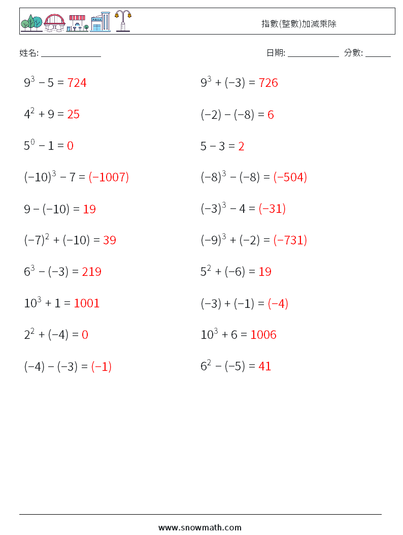 指數(整數)加減乘除 數學練習題 2 問題,解答