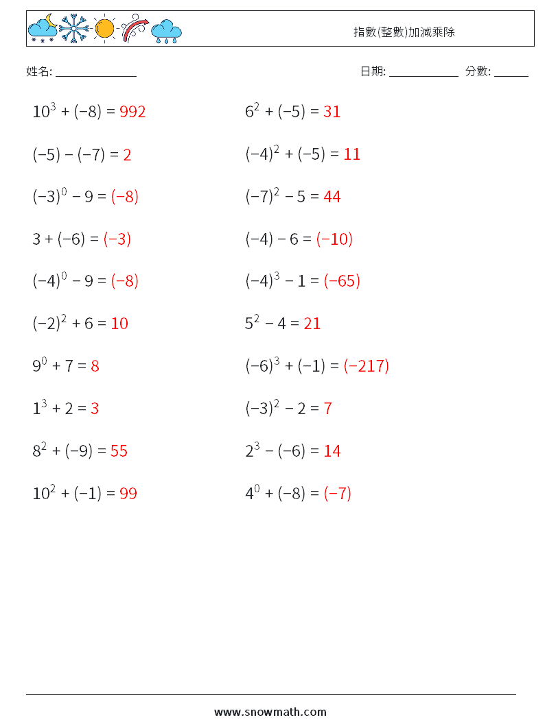 指數(整數)加減乘除 數學練習題 6 問題,解答