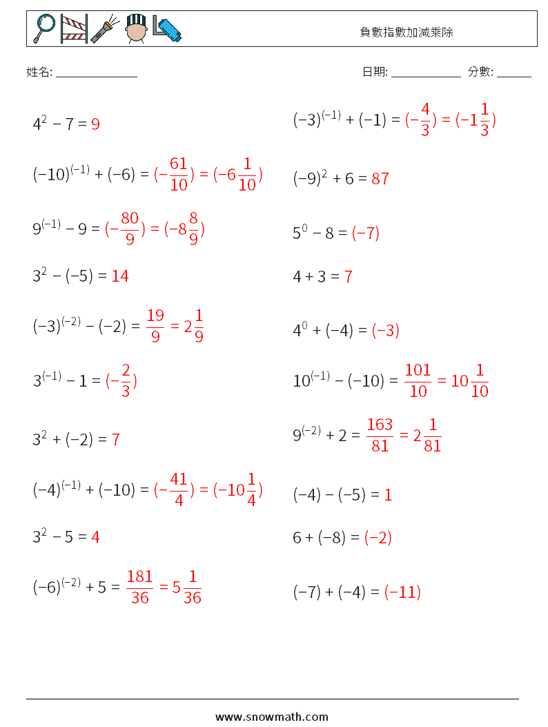 負數指數加減乘除 數學練習題 1 問題,解答