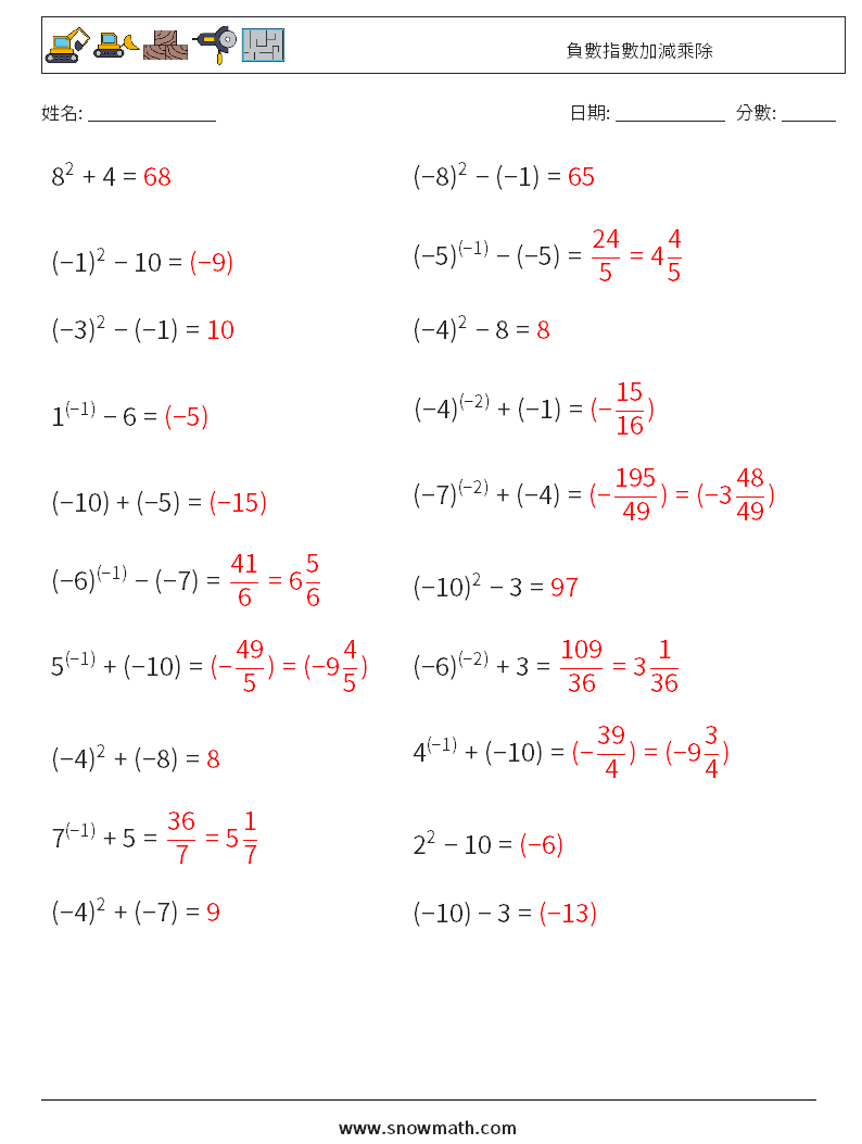 負數指數加減乘除 數學練習題 2 問題,解答