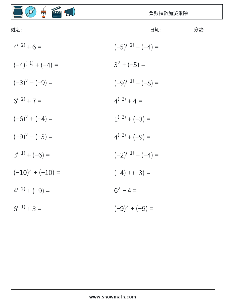 負數指數加減乘除 數學練習題 3