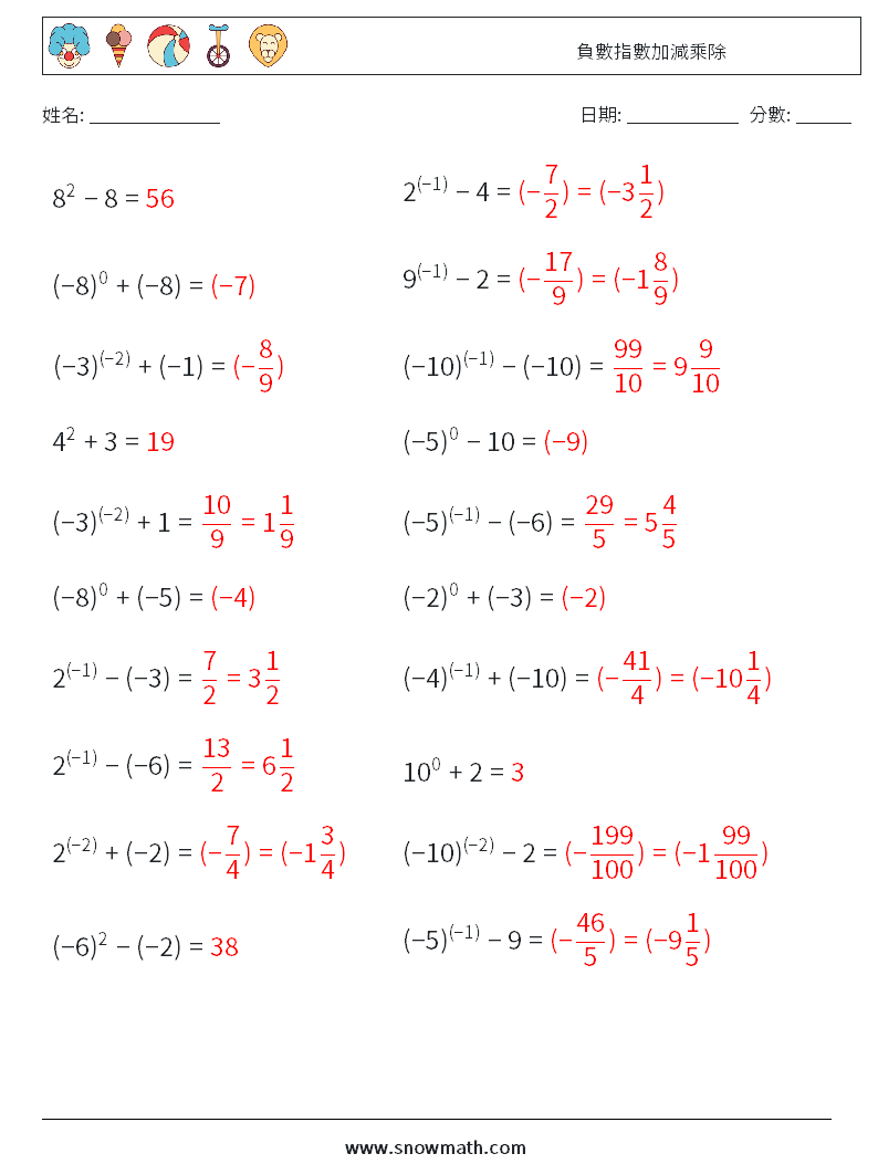 負數指數加減乘除 數學練習題 5 問題,解答