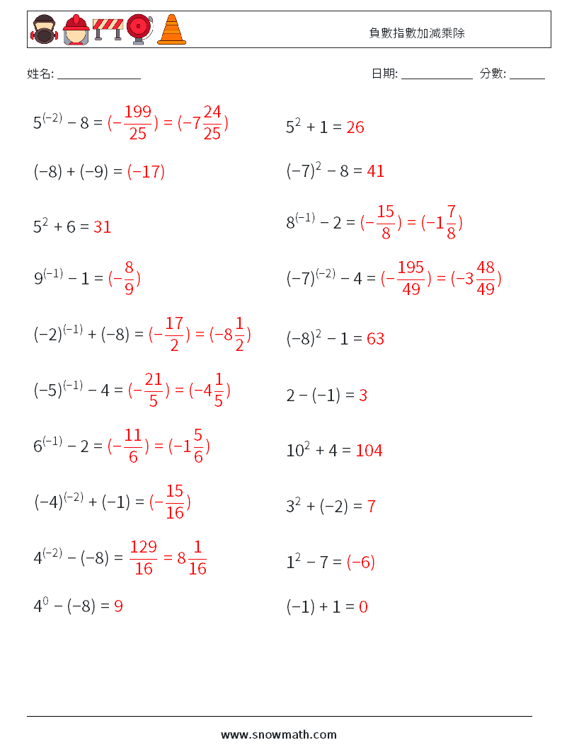 負數指數加減乘除 數學練習題 6 問題,解答