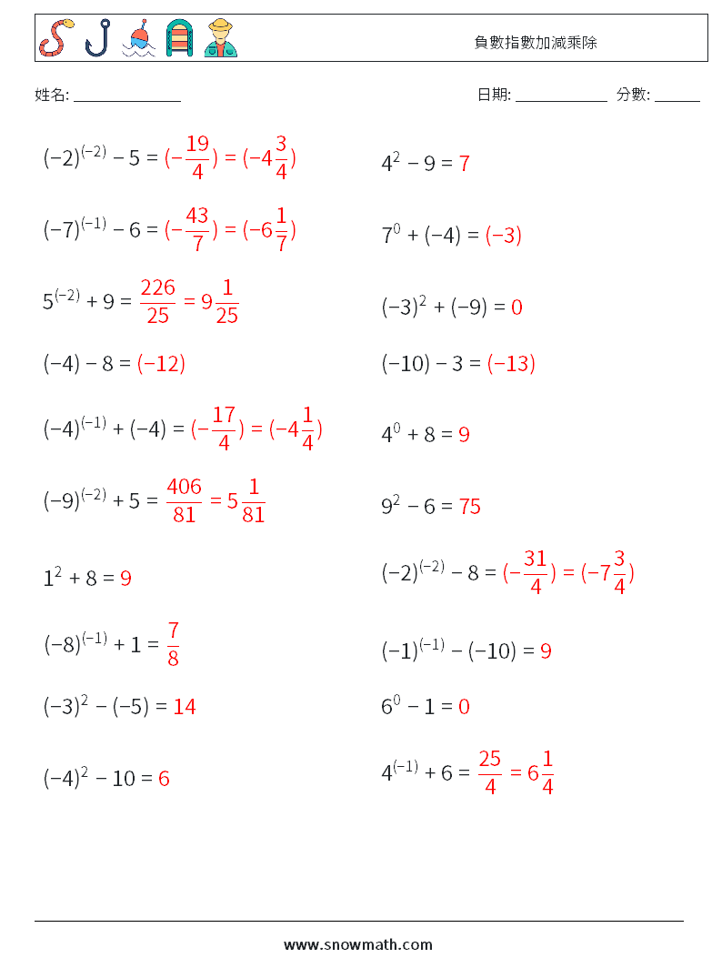 負數指數加減乘除 數學練習題 7 問題,解答
