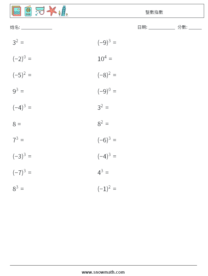 整數指數 數學練習題 1