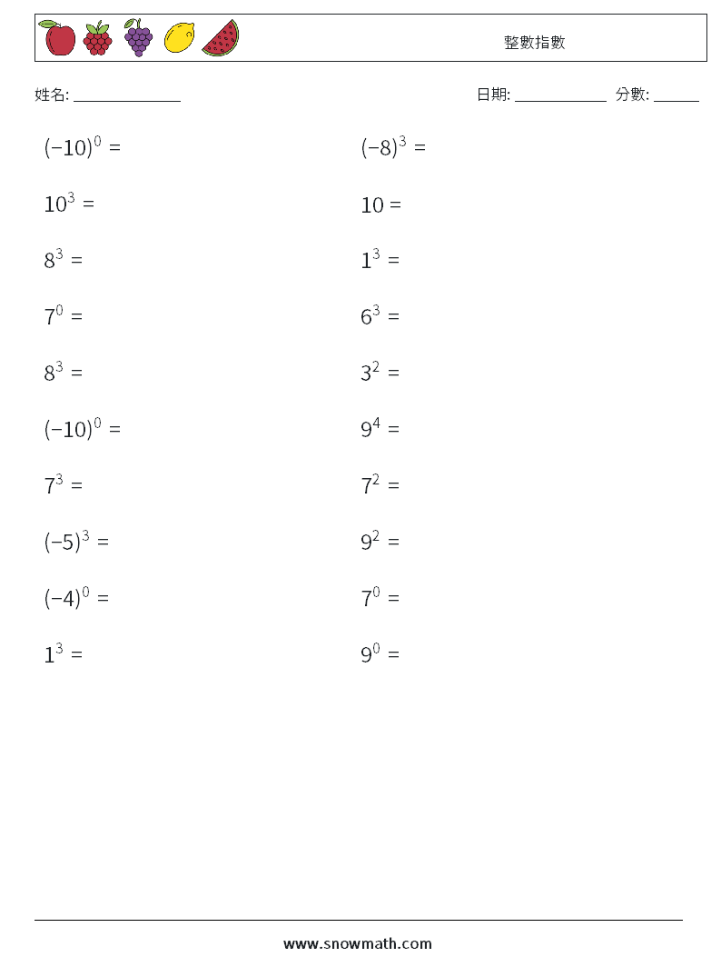 整數指數 數學練習題 4