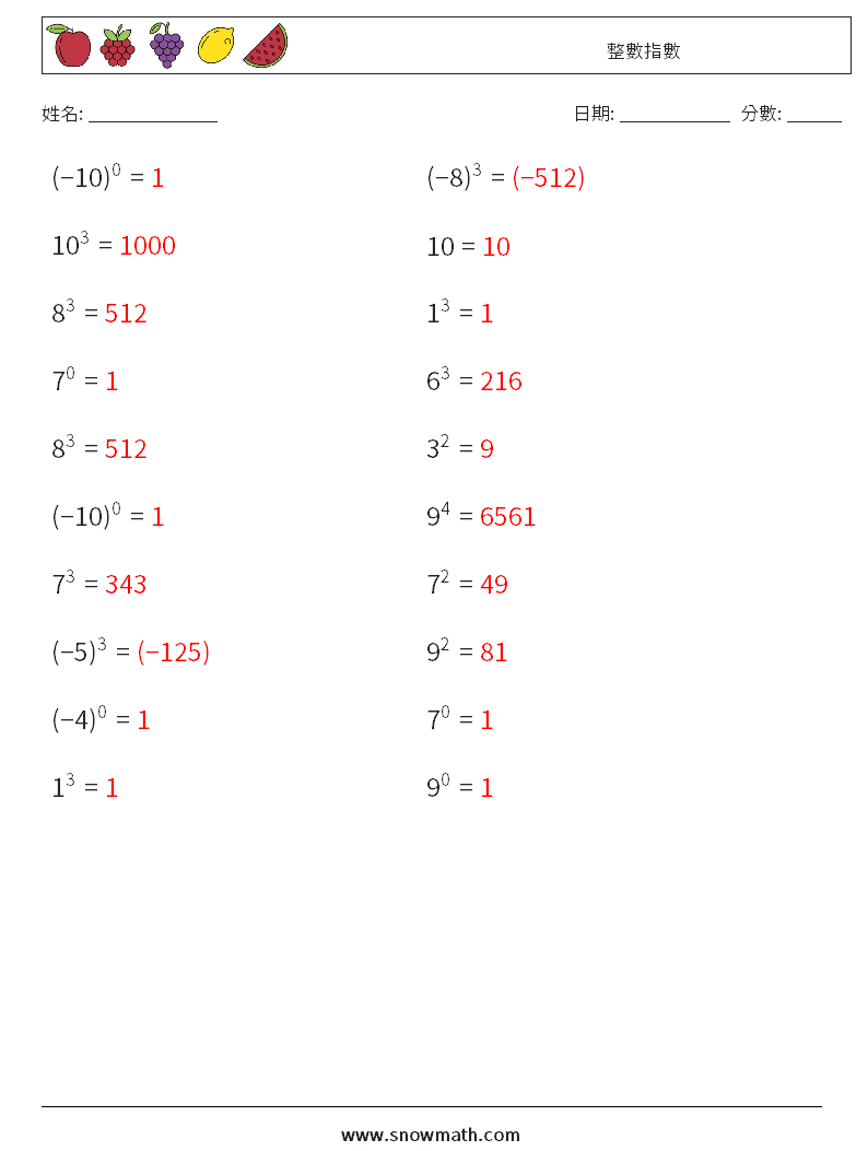 整數指數 數學練習題 4 問題,解答