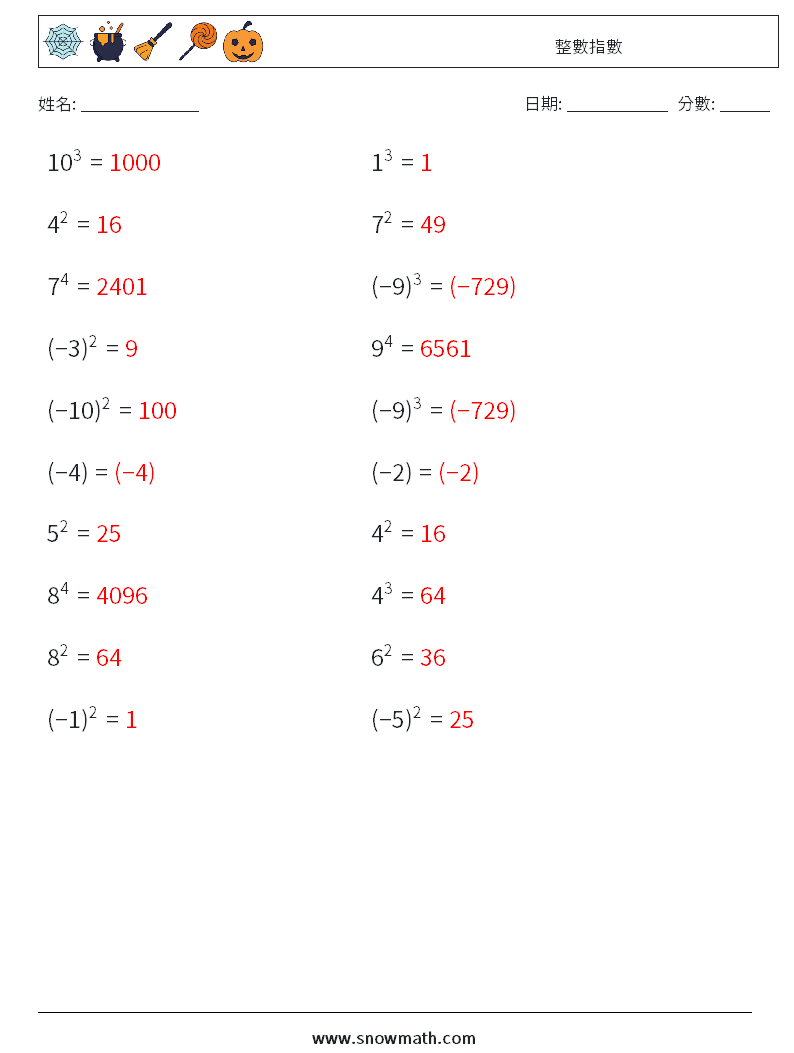 整數指數 數學練習題 5 問題,解答