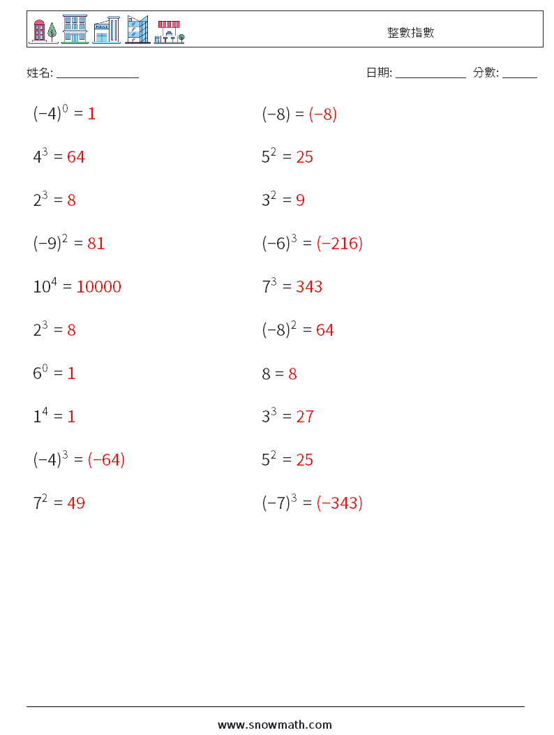 整數指數 數學練習題 6 問題,解答