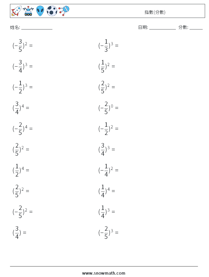 指數(分數) 數學練習題 1