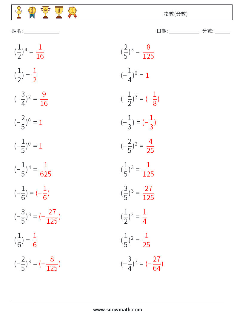 指數(分數) 數學練習題 4 問題,解答