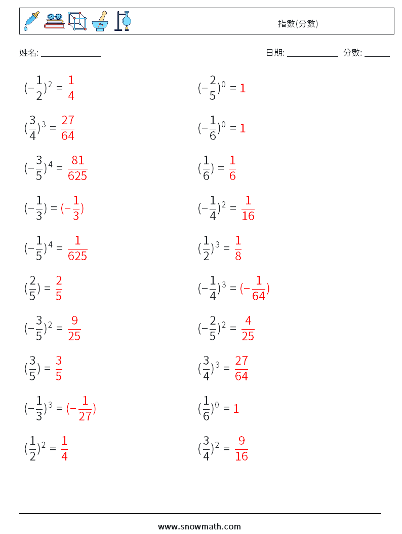 指數(分數) 數學練習題 8 問題,解答