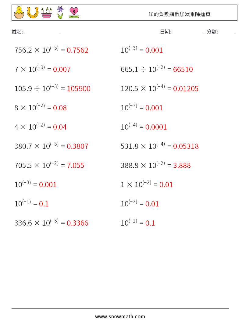 10的負數指數加減乘除運算 數學練習題 6 問題,解答