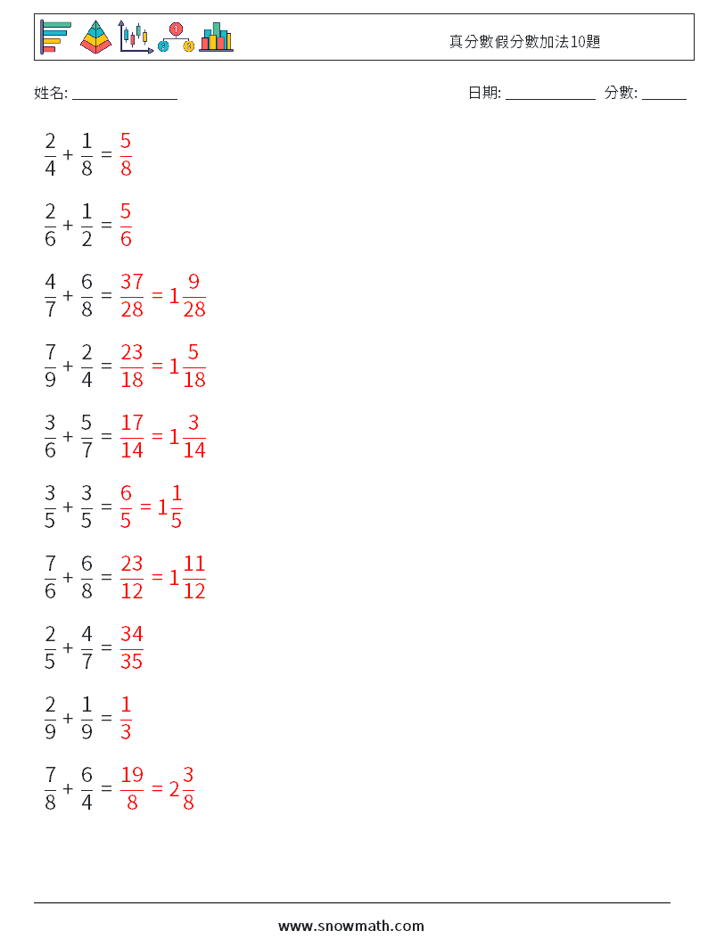 真分數假分數加法10題 數學練習題 15 問題,解答
