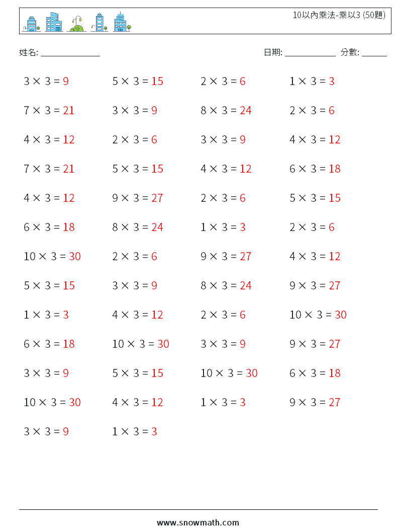 10以內乘法-乘以3 (50題) 數學練習題 6 問題,解答
